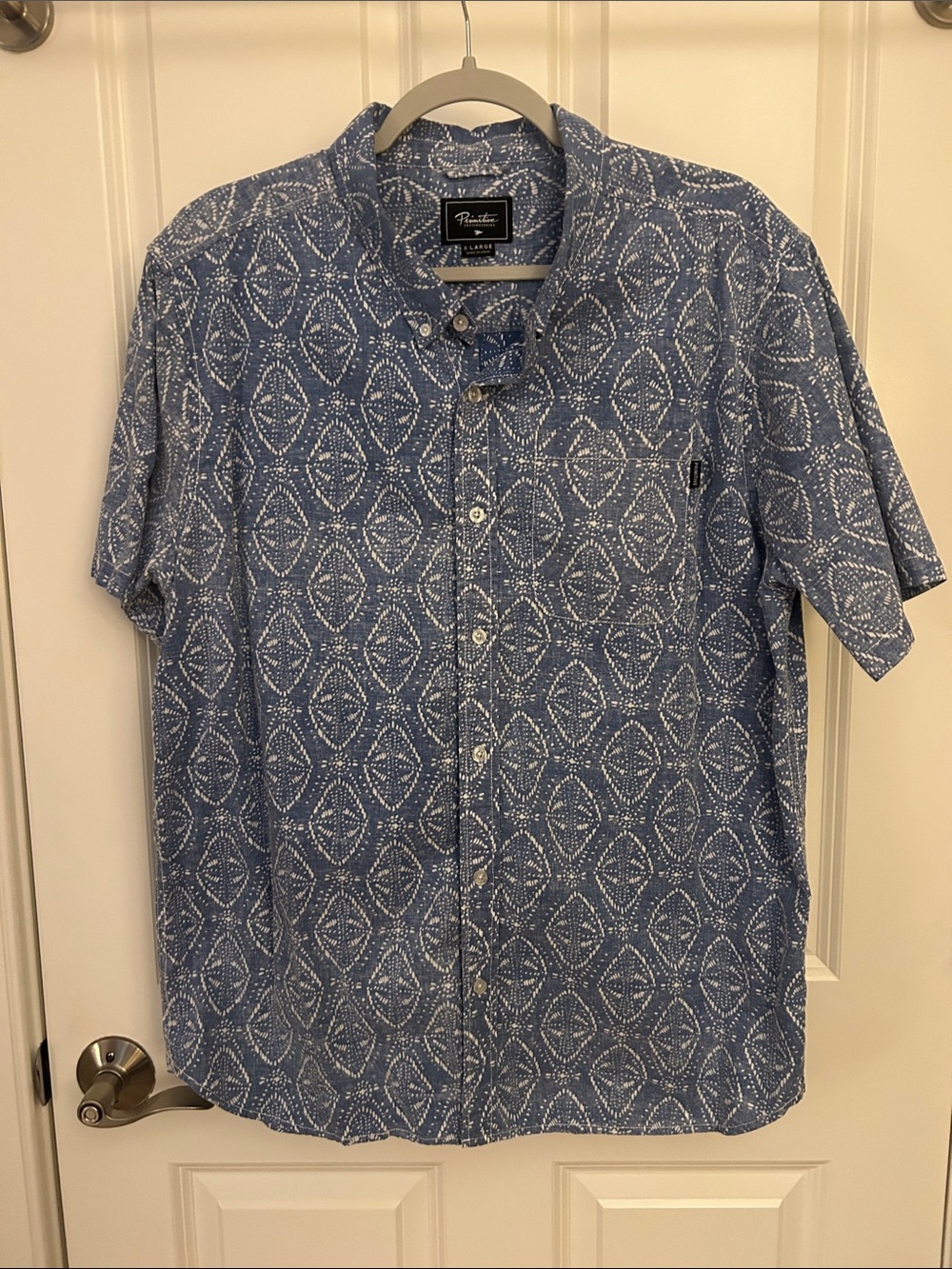 Primitive Blue Short-Sleeve Button-Down with White Geometric Print